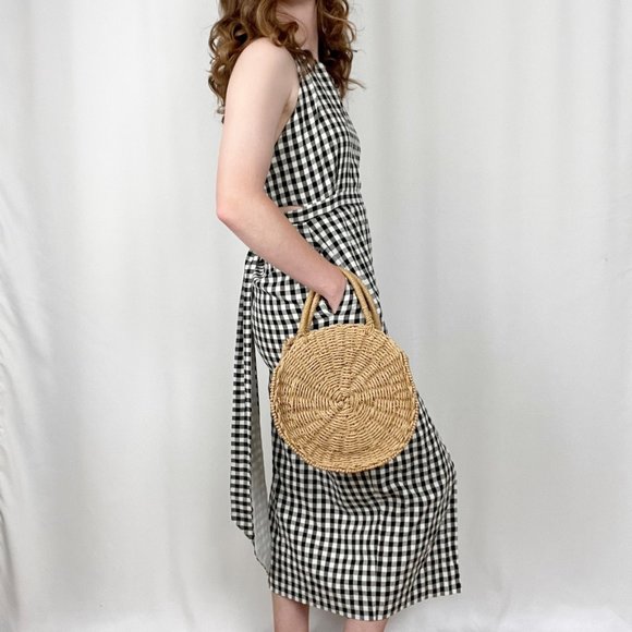 Vintage Gingham Picnic Check Halter Backless Slit Midi Maxi Summer Dress Pockets - Picture 3 of 7